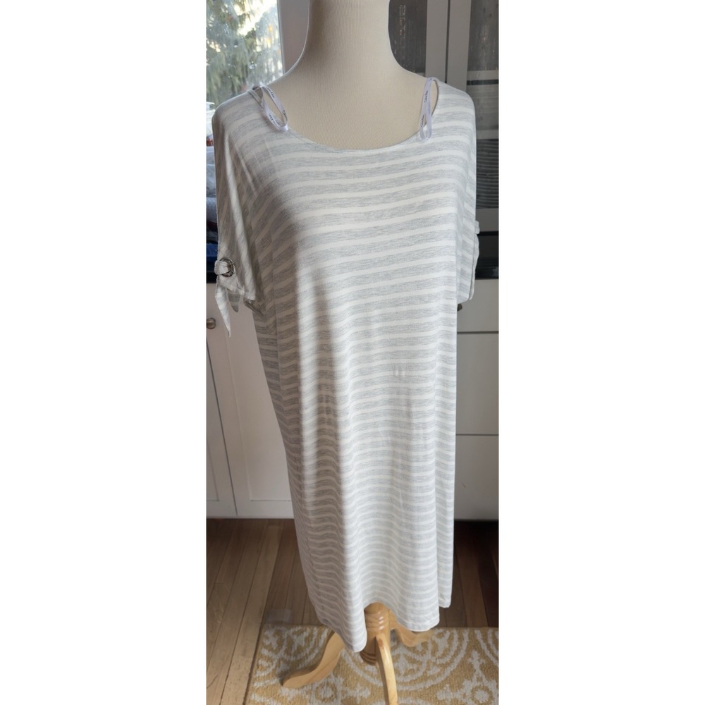 Calvin Klein White Striped‎ Split Cap Sleeve Polished Summer Top Sz Med New NWT